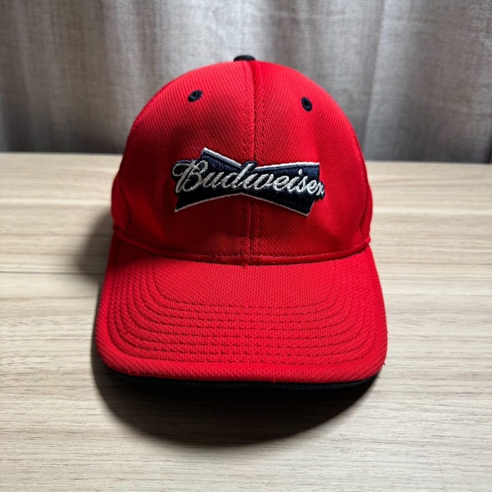 The Game Budweiser Hat Mens OSFM Red Bowtie Logo A-Flex Mesh Baseball Cap Good